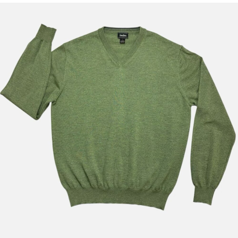 NWOT Neiman Marcus Men's Heather Green V-neck Merino Wool Sweater